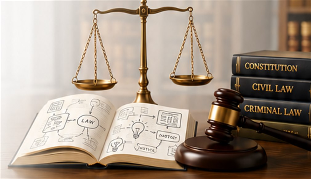 Scales of justice beside an open law book with a concept map, a gavel, and law books titled Constitution, Civil Law and Criminal Law
